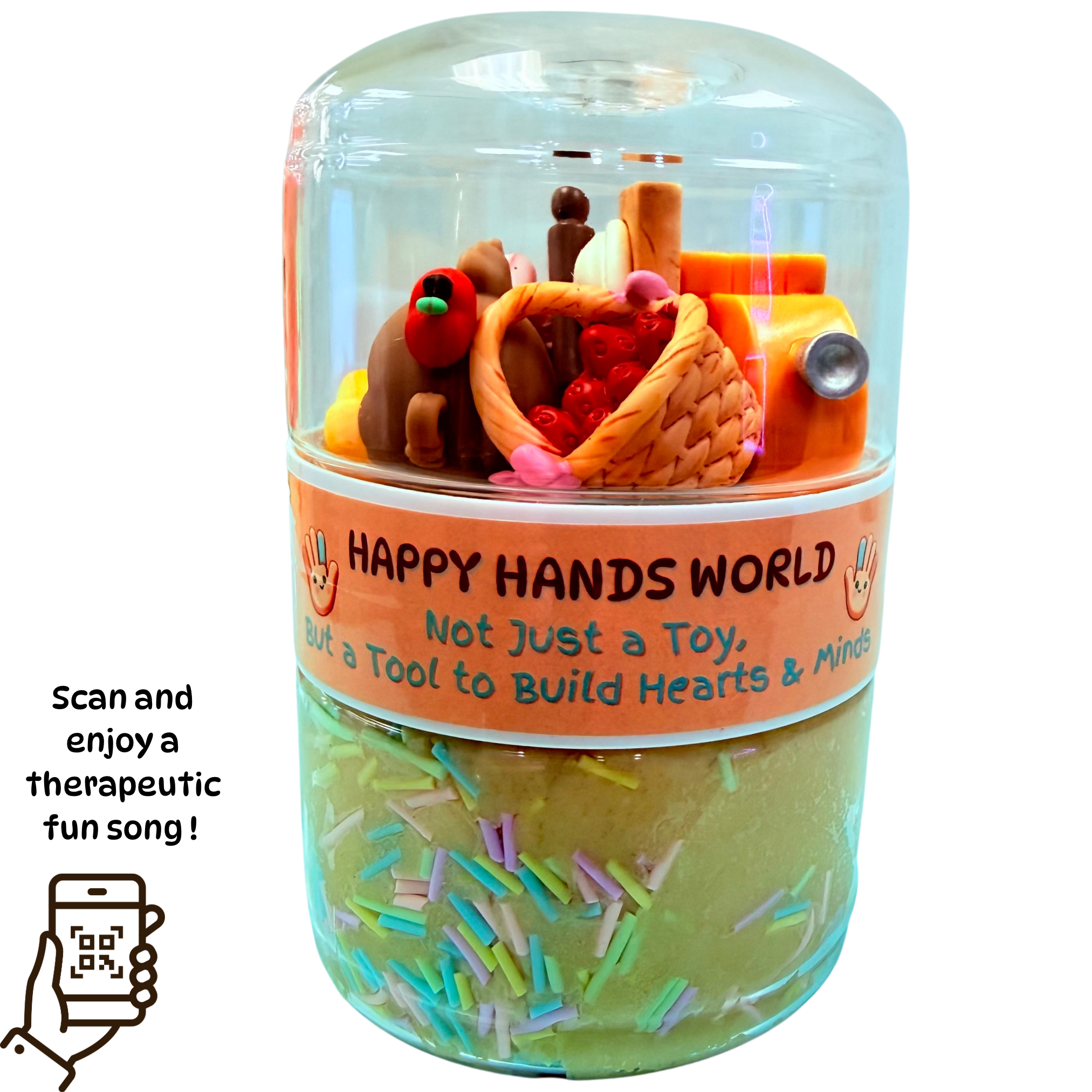 Colorful toy set in a transparent container with a label on a white background