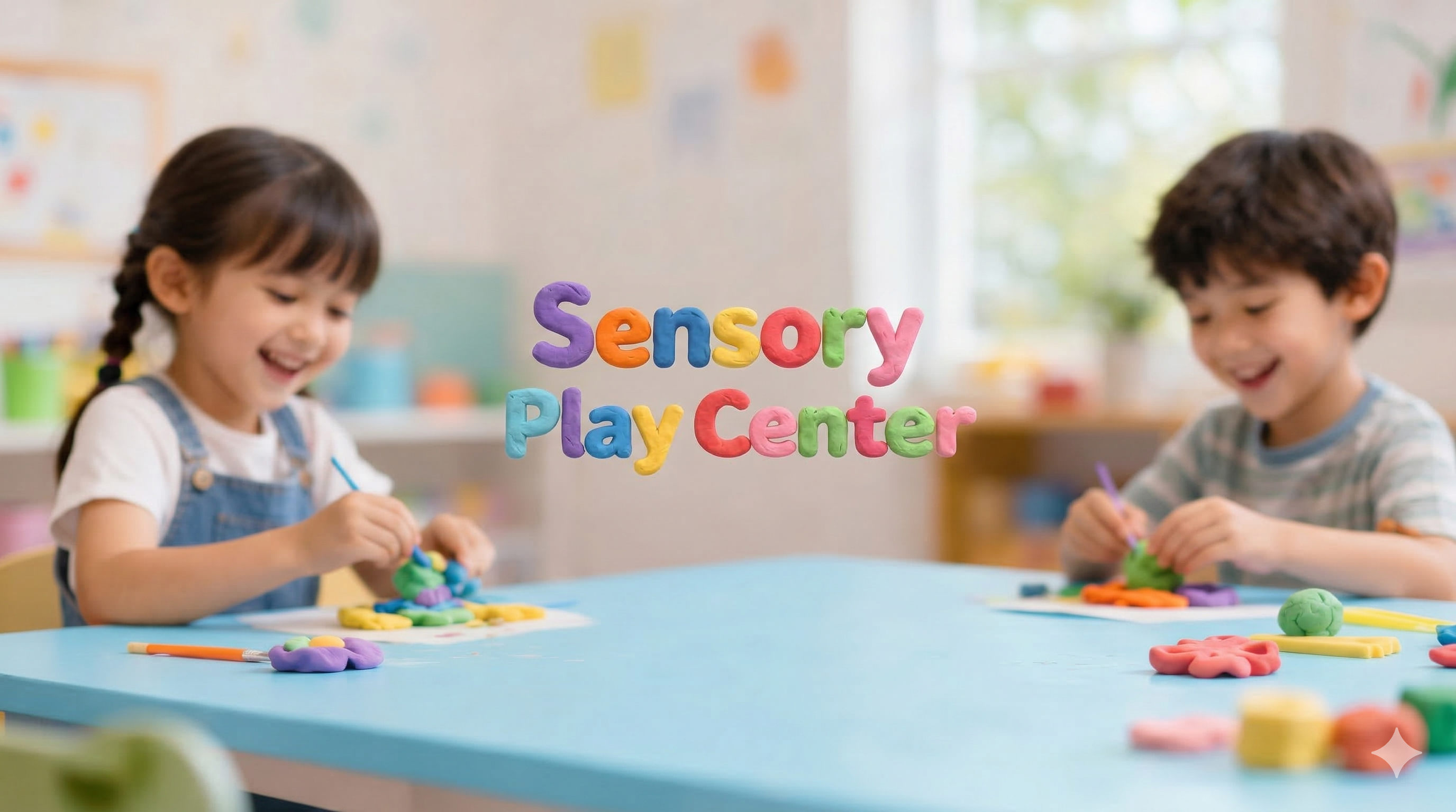 Two children playing with colorful toys at a table in a Sensory Play Center.