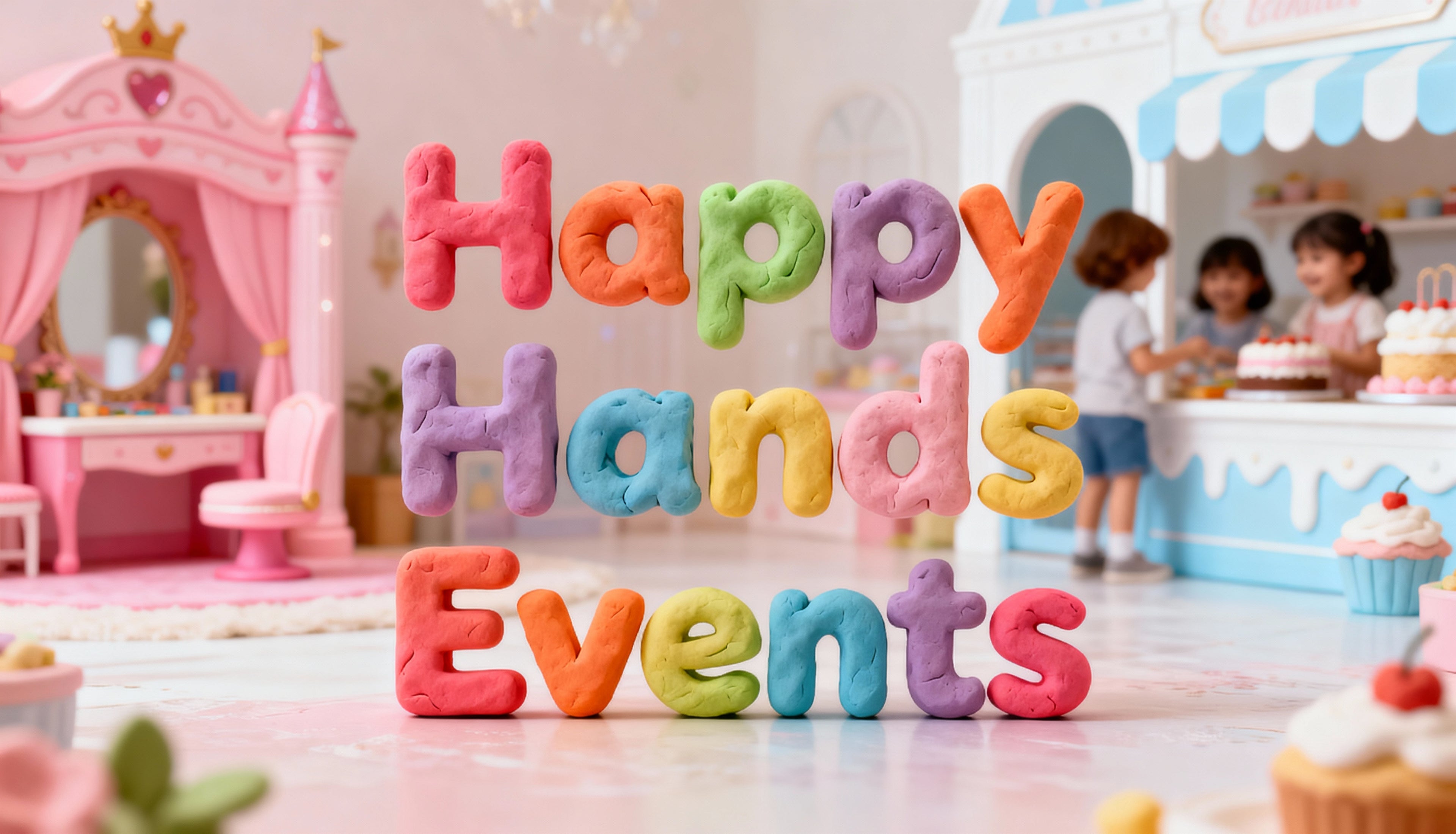 Colorful foam letters spelling 'Happy Hands Events' in a playroom setting with toys and decorations.