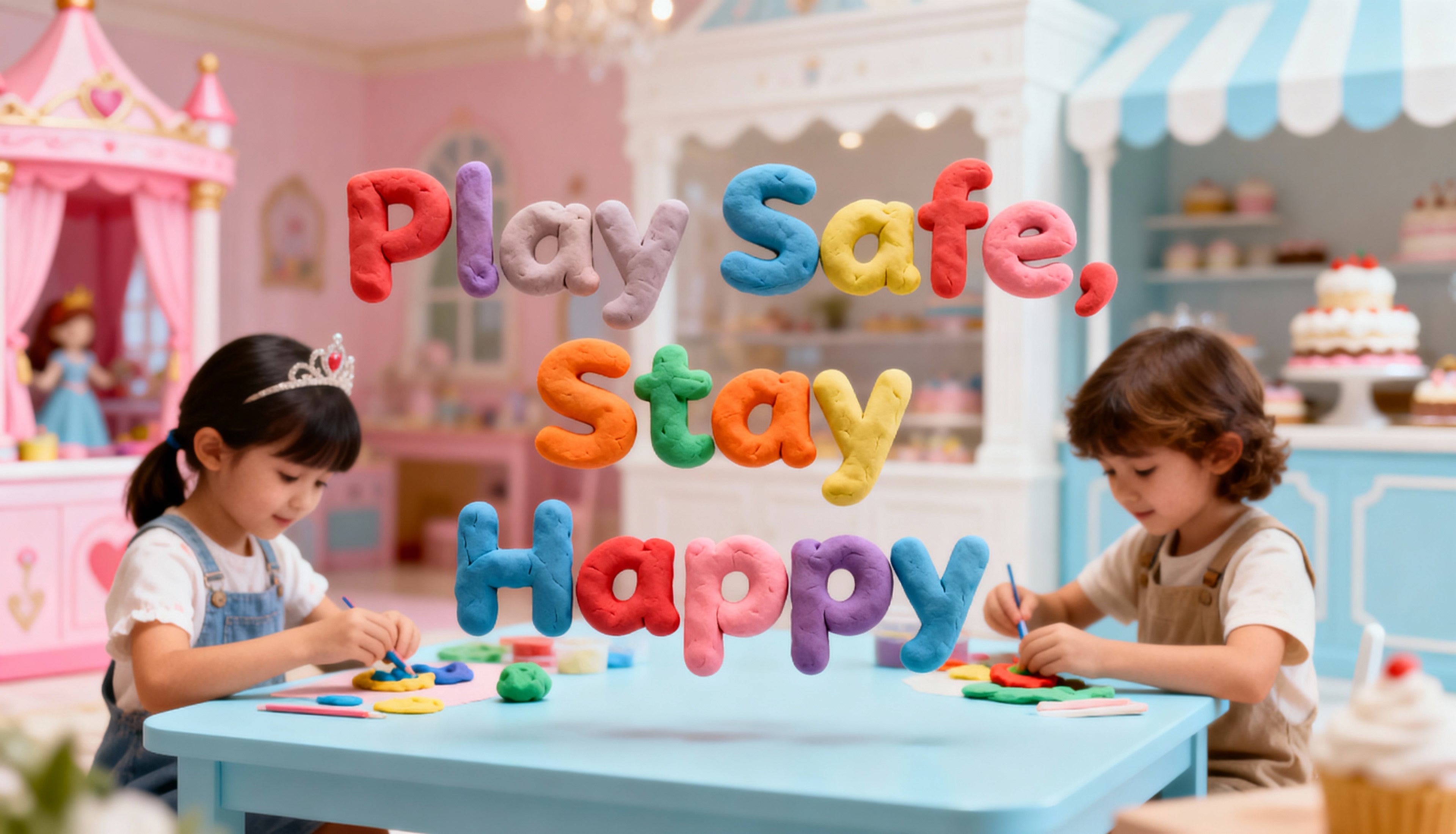 Two children playing with colorful play dough at a table with 'Play Safe, Stay Happy' text in a playroom setting.