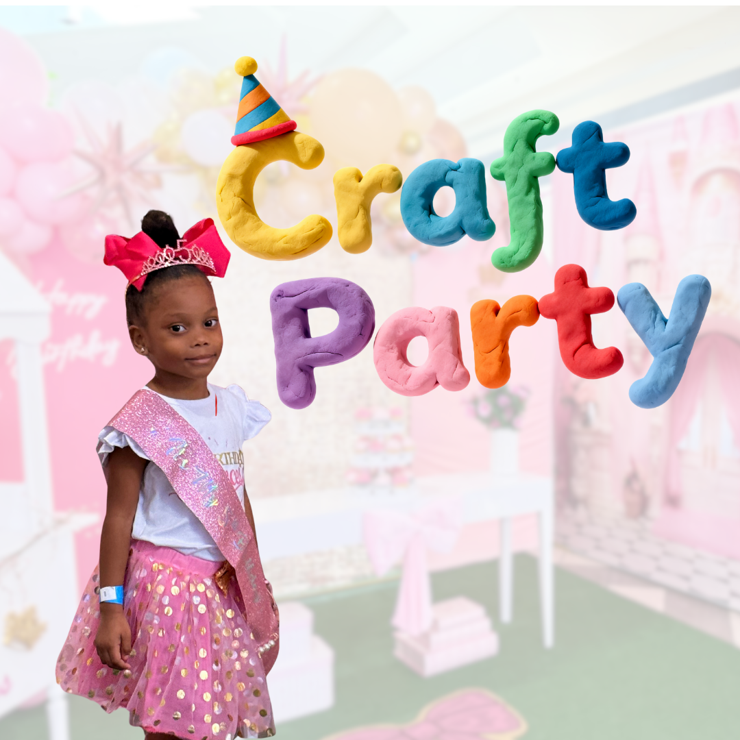 Child in a craft party setting with colorful letters spelling 'Craft Party'.
