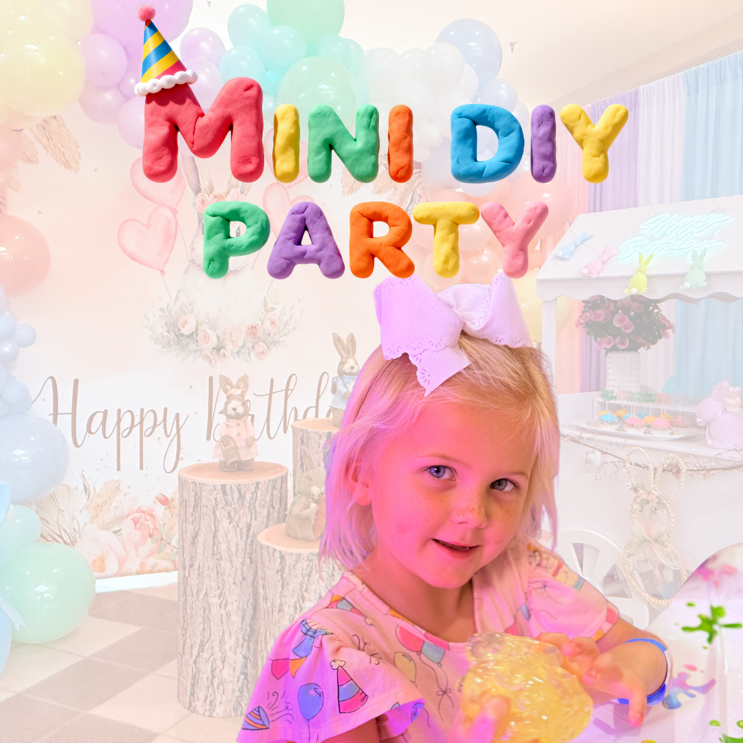 Child with a colorful 'MINI DIY PARTY' banner in a decorated room.