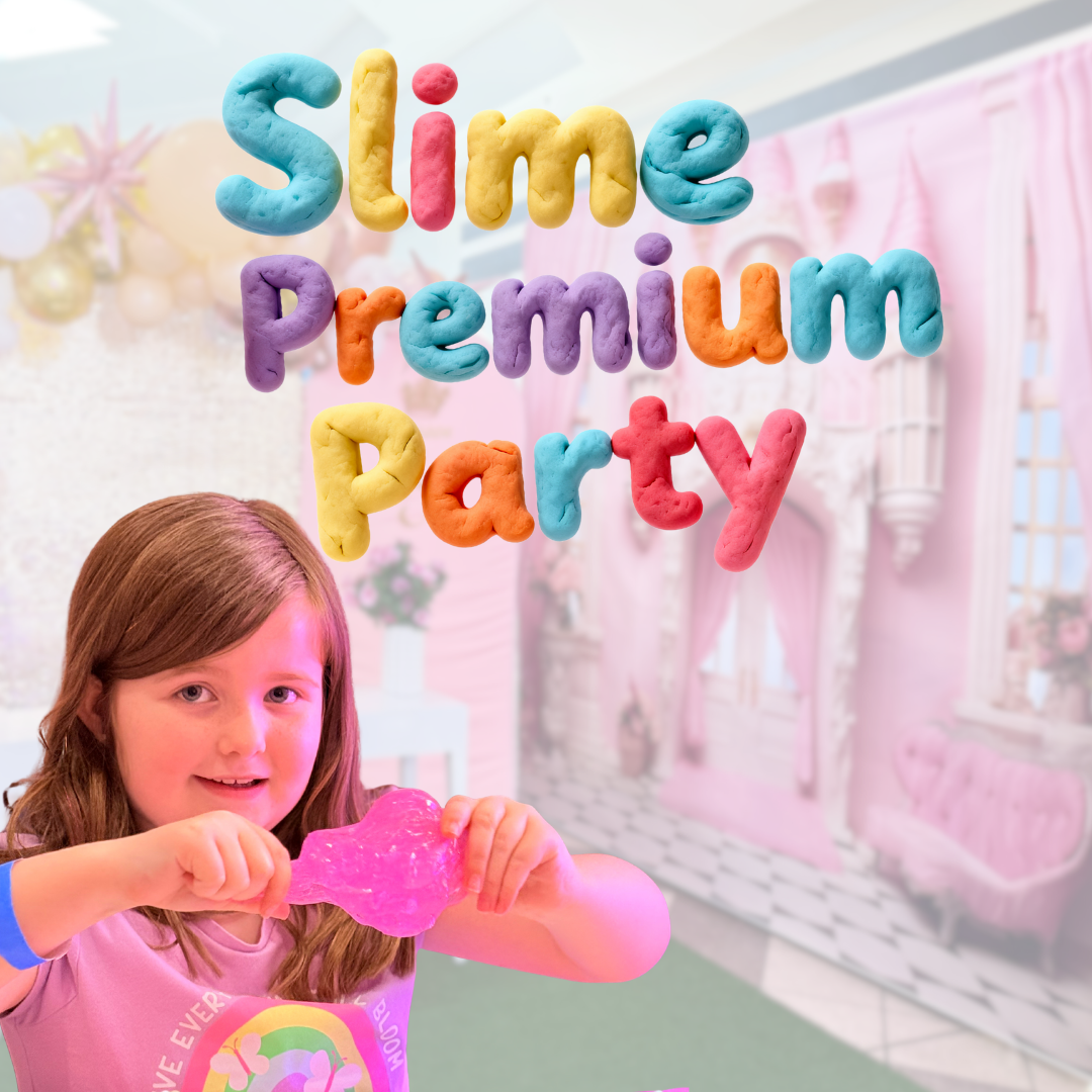 Child holding pink slime with 'Slime Premium Party' text in colorful letters.