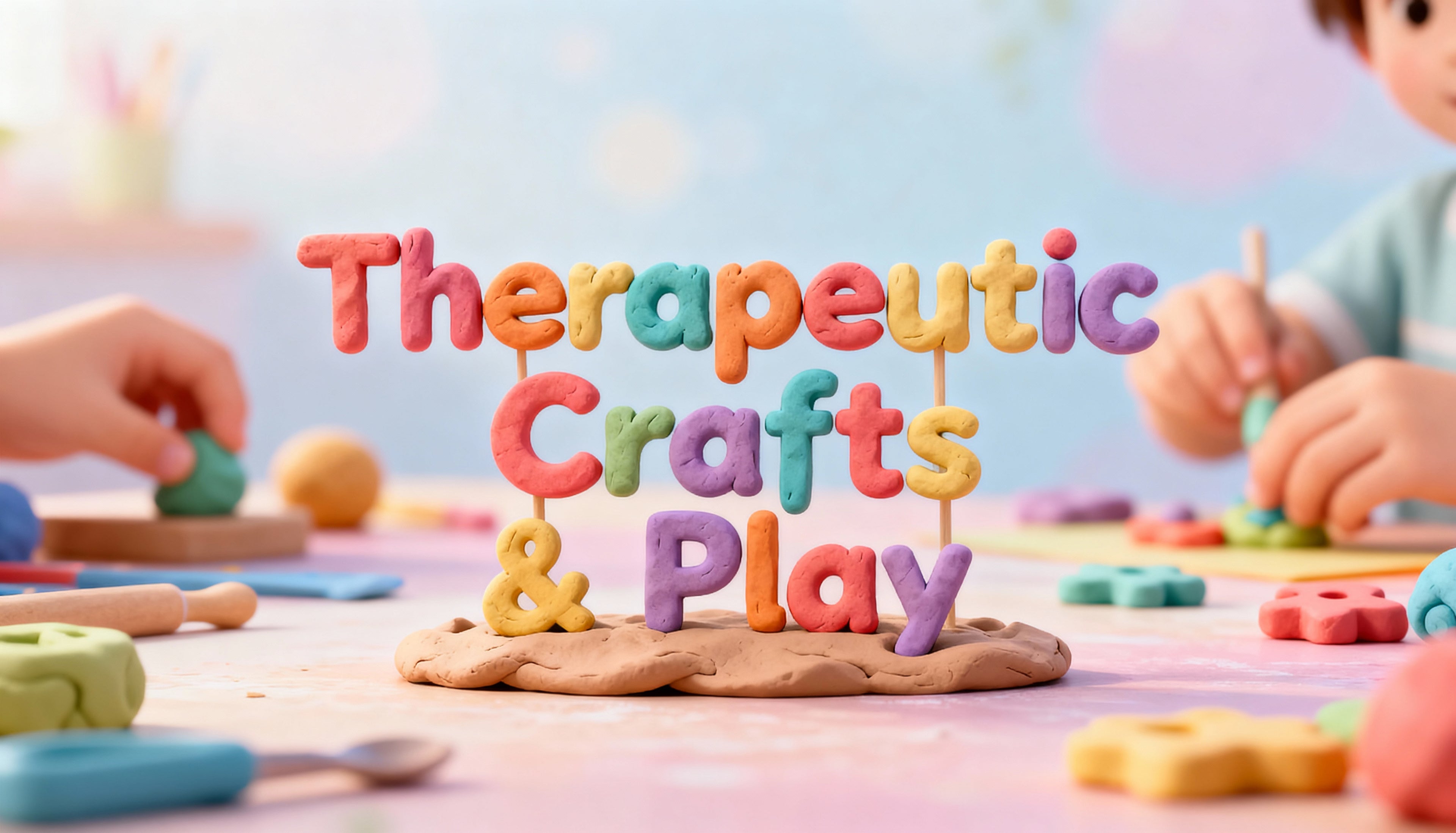 Children engaged in play with colorful letters spelling 'Therapeutic Crafts & Play' on a table.