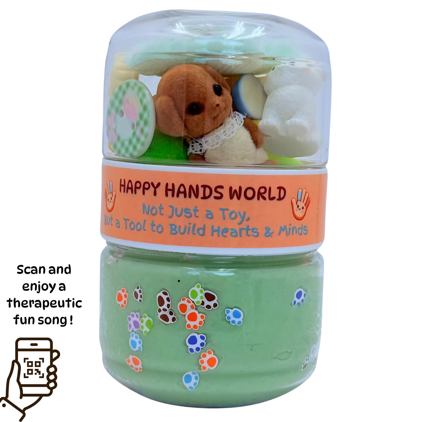 Toy with plush bear inside a transparent container labeled &
