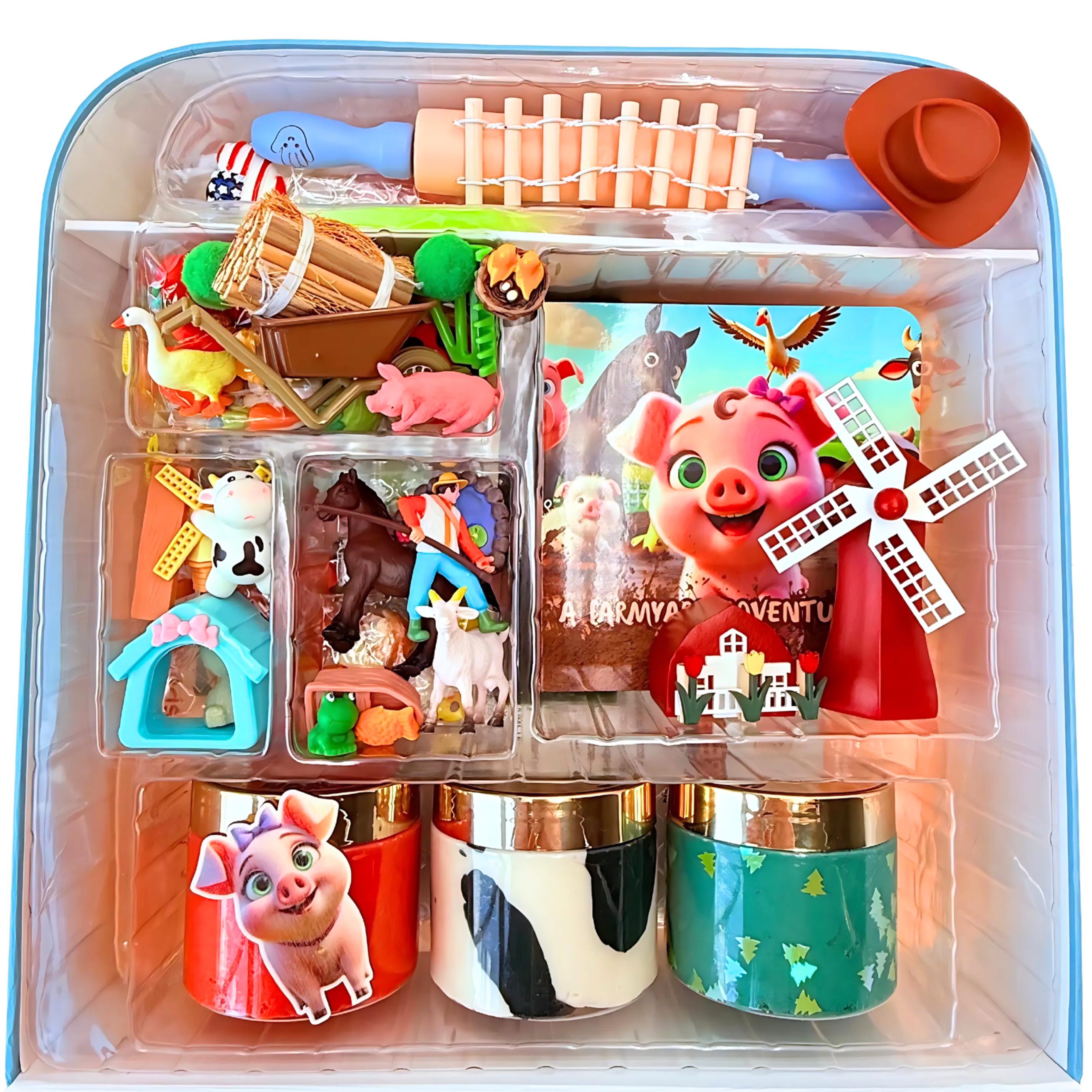 Toy kitchen set with farm-themed items