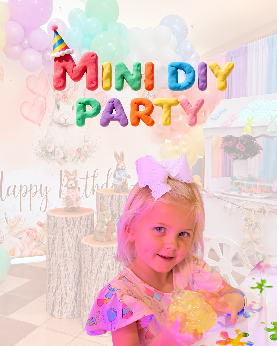 Child at a birthday party with colorful decorations and 'Mini DIY Party' sign.