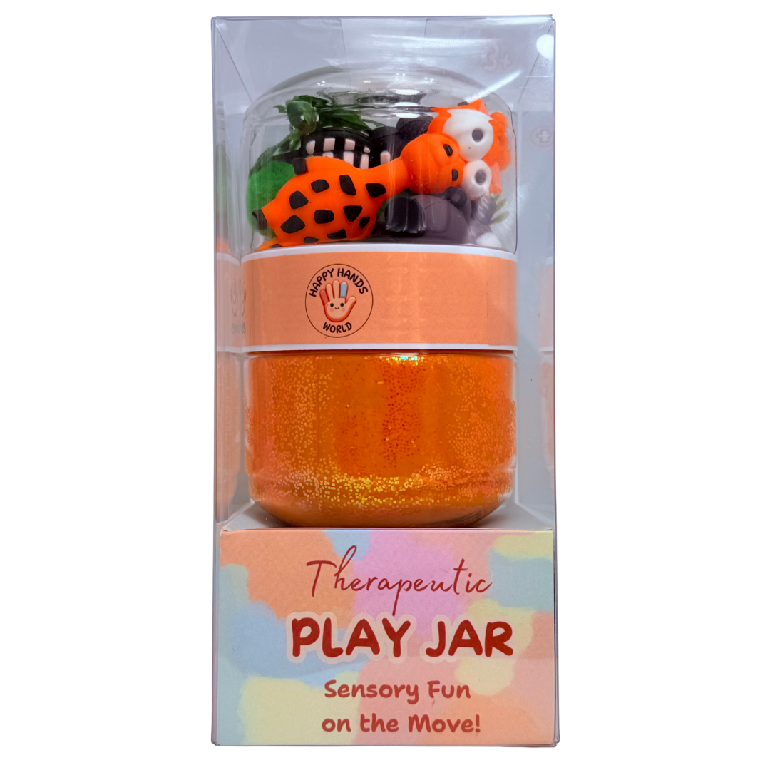 Orange therapeutic play jar with toys