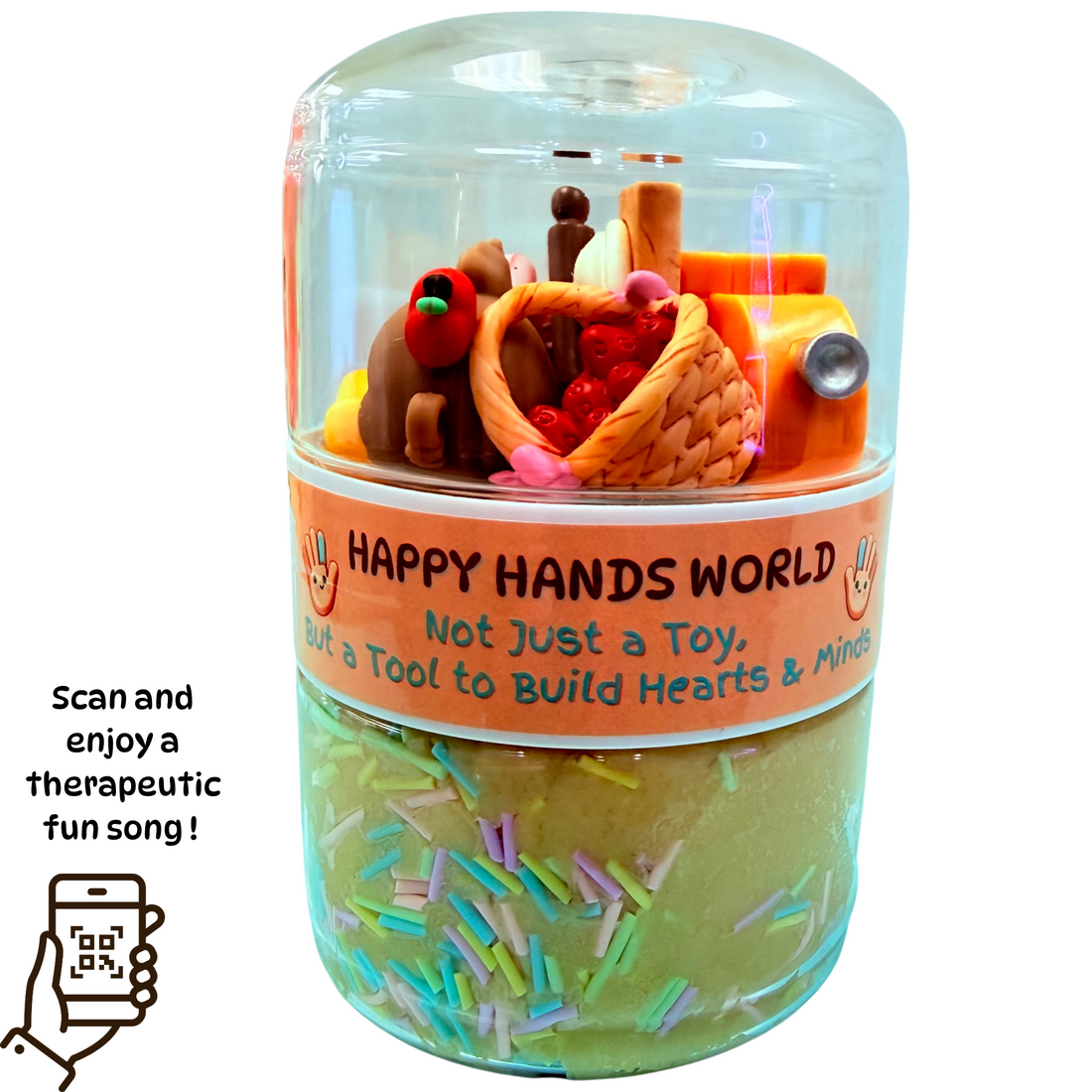 Colorful toy set in a transparent container with a label on a white background