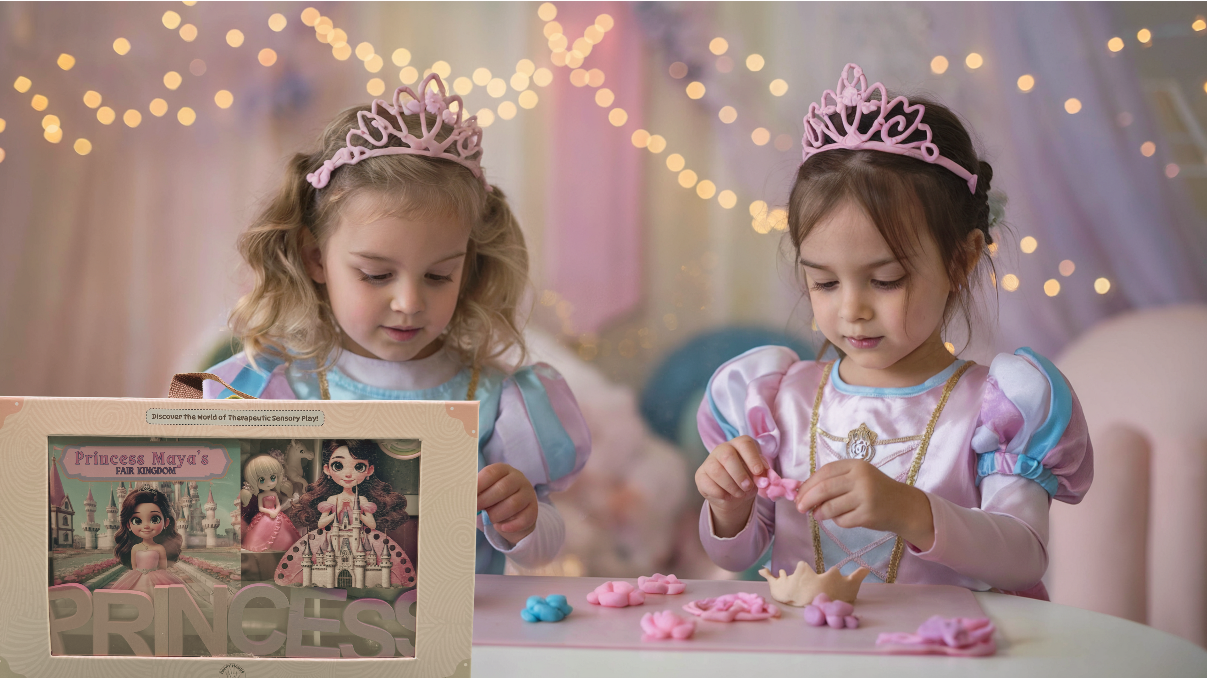 Two children in princess costumes with tiaras, playing with toys in a room decorated with fairy lights.