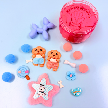 Colorful dog toys and a pink container