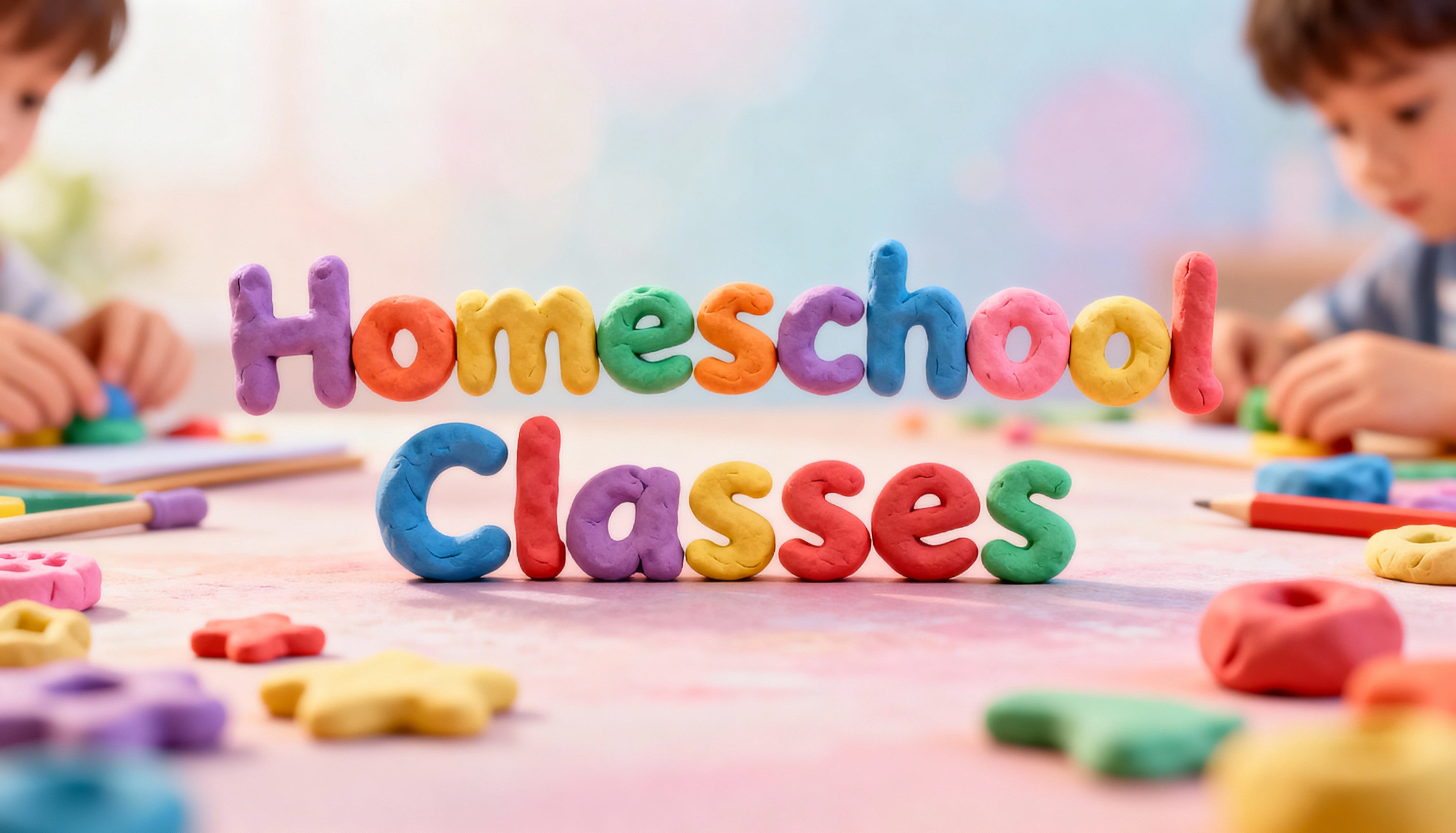 Colorful text 'Homeschool Classes' with children playing in the background