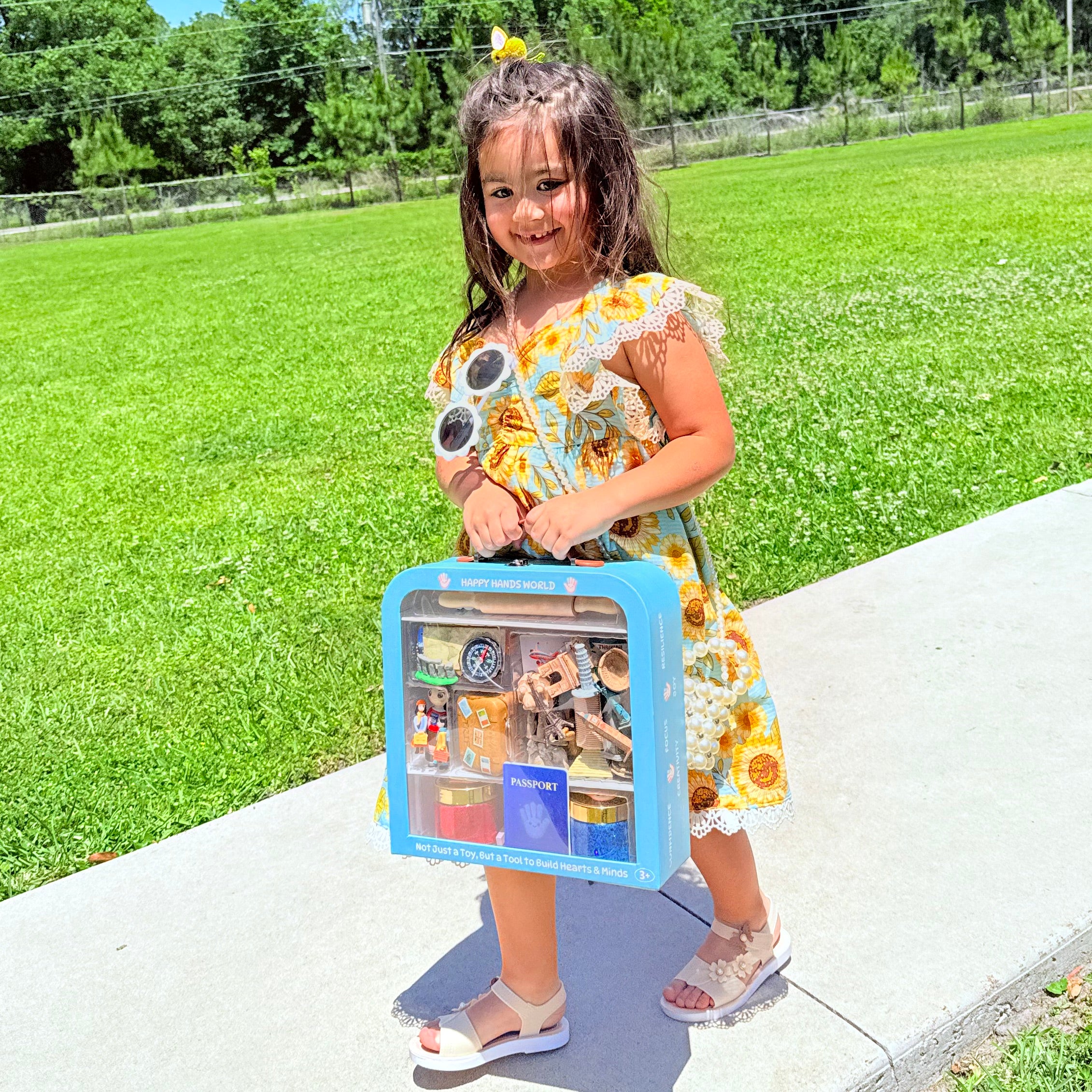 Young girl holding a toy set in a clear plastic case outdoors on a sunny day.