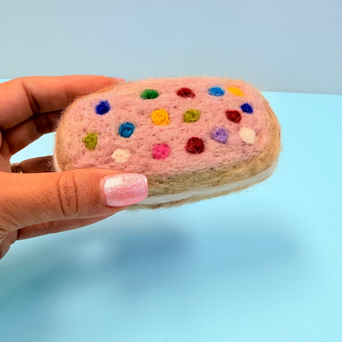 Hand holding a cookie-shaped toy