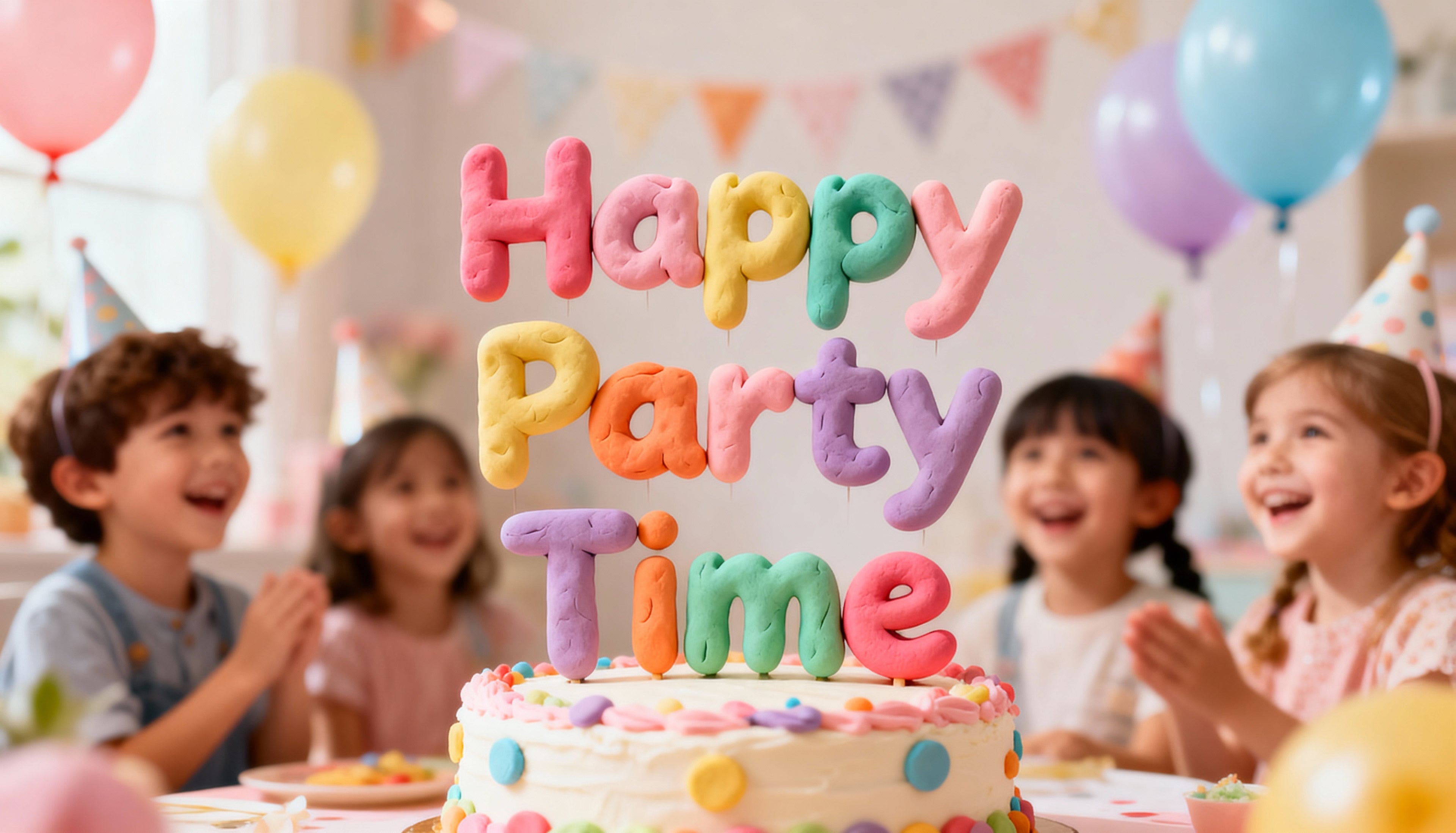 Children at a birthday party with a cake and balloons, celebrating 'Happy Party Time'.