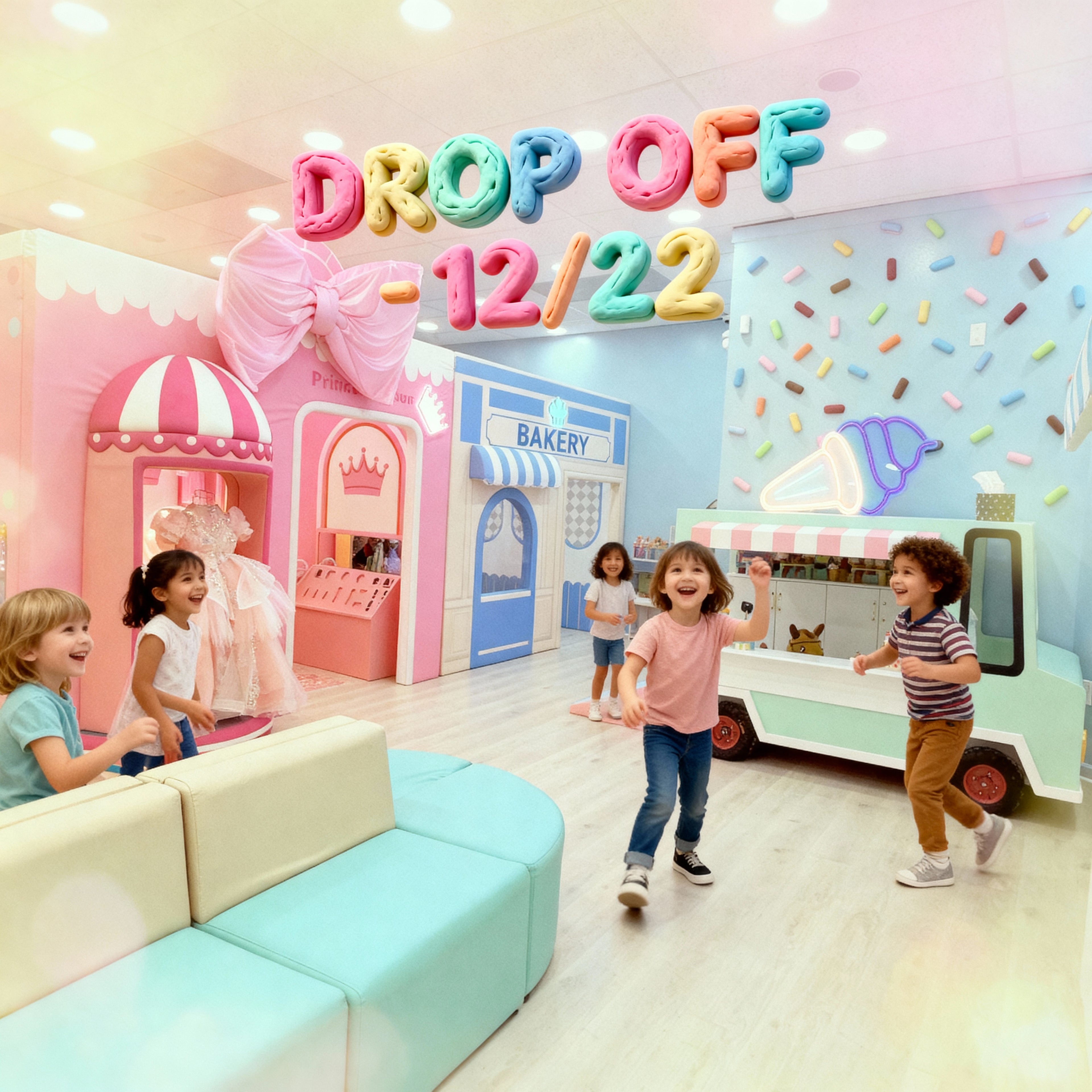 Children playing in a colorful playroom with a 'DROP OFF' sign.