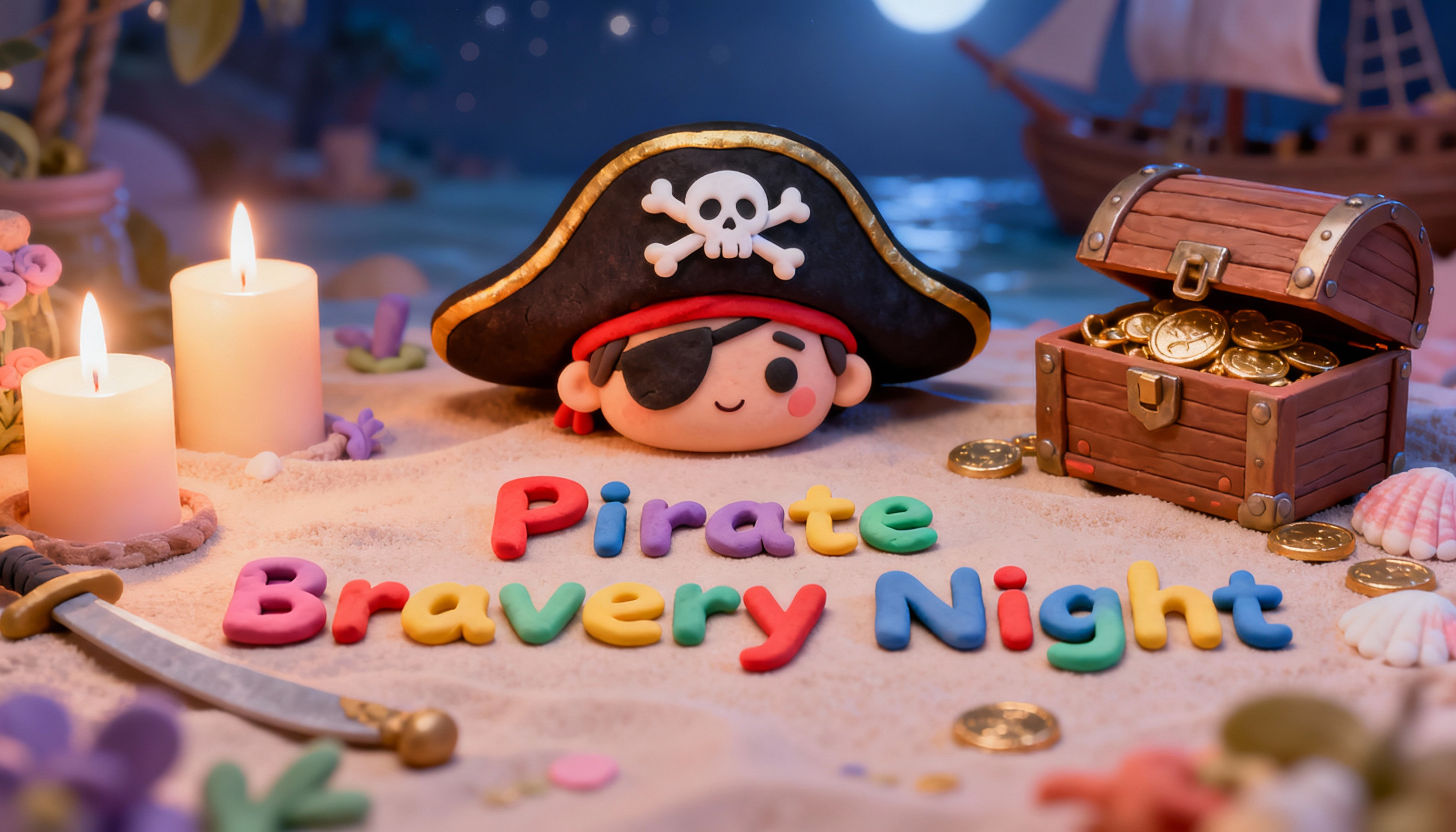 Pirate-themed decoration with a toy pirate, treasure chest, and candles on a sandy surface.