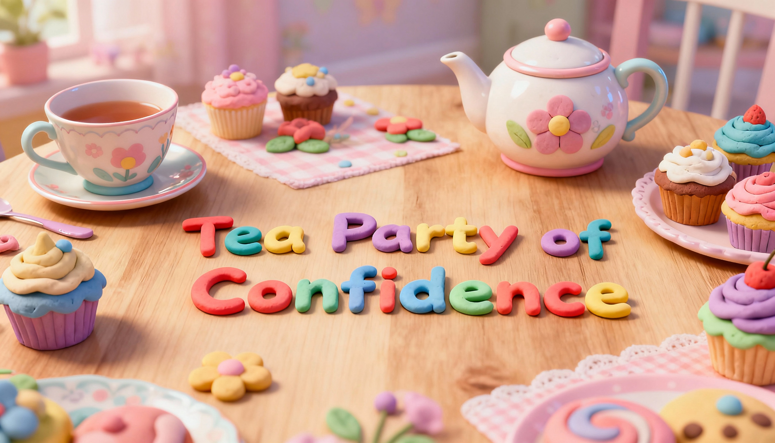 Tea party setup with colorful letters spelling 'Tea Party of Confidence' on a wooden table.