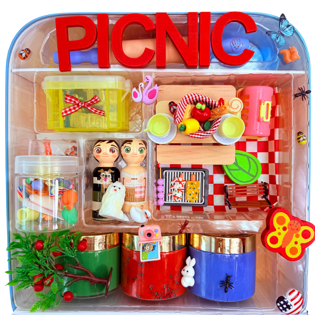 picnic set with figures and items