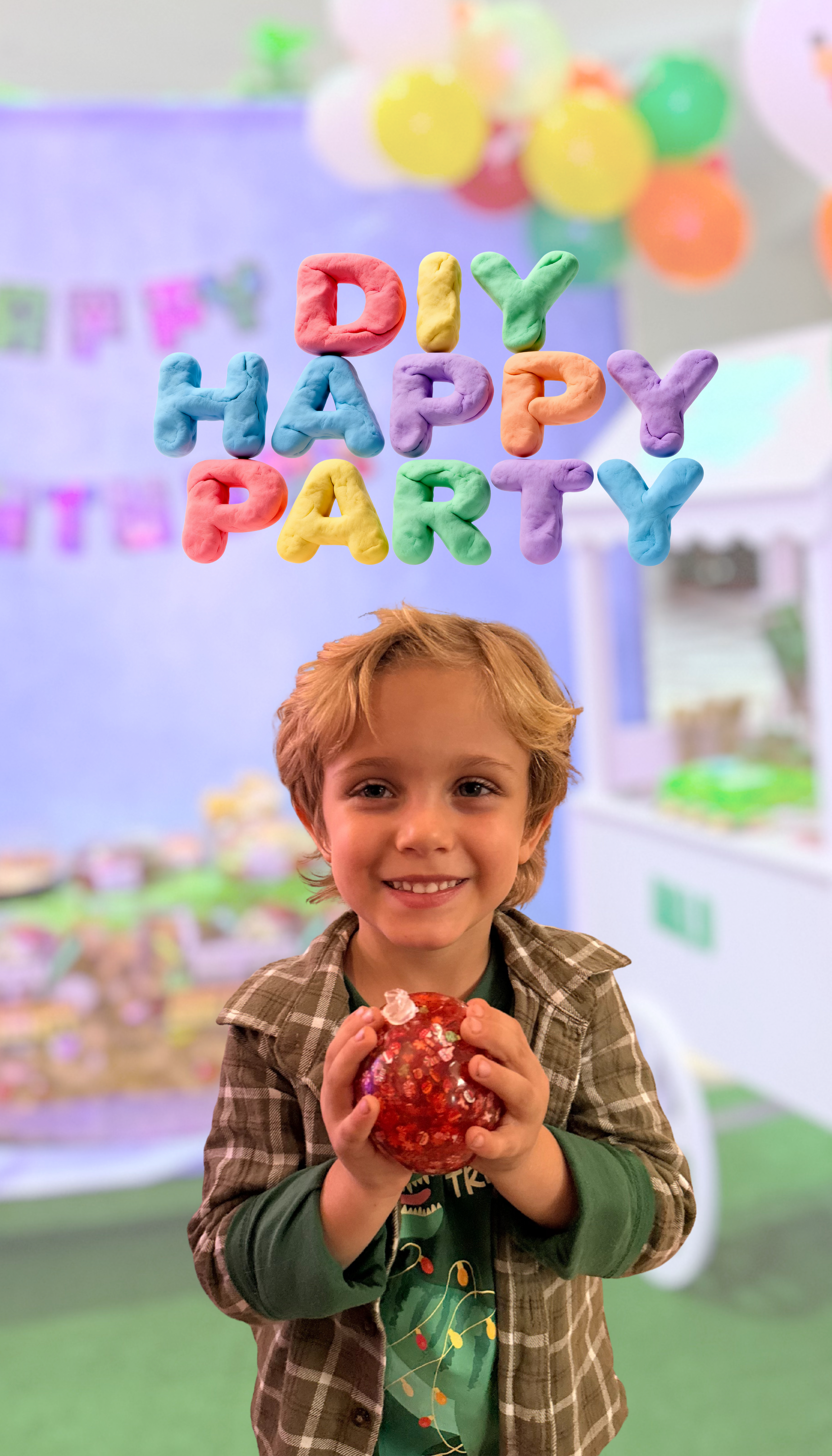Child holding a red object with 'DIY Happy Party' text in colorful letters in the background