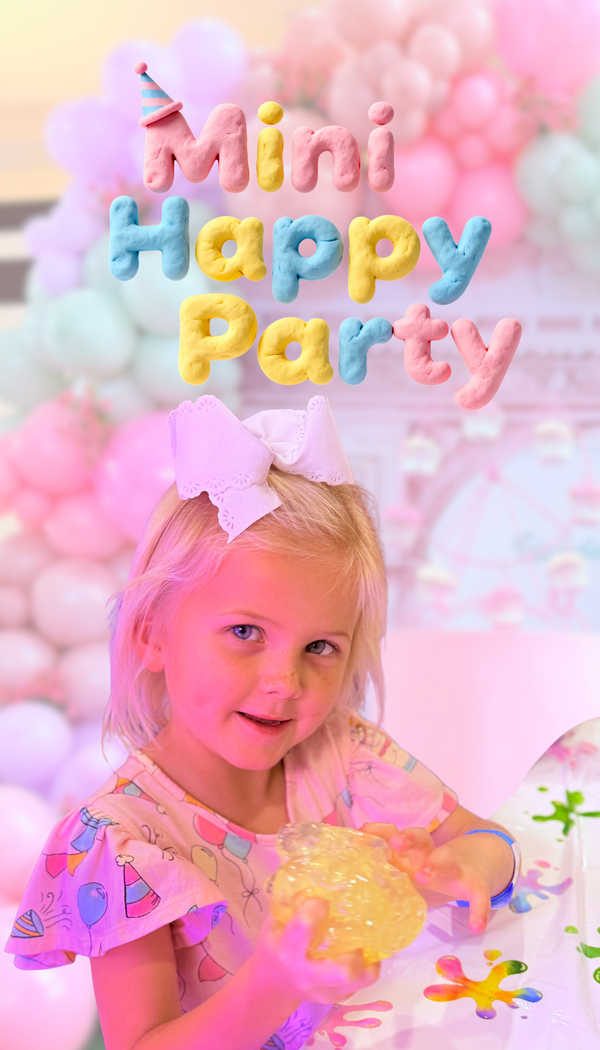 Child at a 'Mini Happy Party' with colorful balloons and decorations